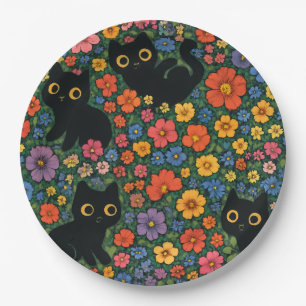 Kawaii Garden Art Cute Black Cat Floral Pattern Paper Plate