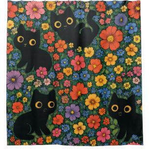 Kawaii Garden Art   Cute Black Cat Floral Pattern Shower Curtain