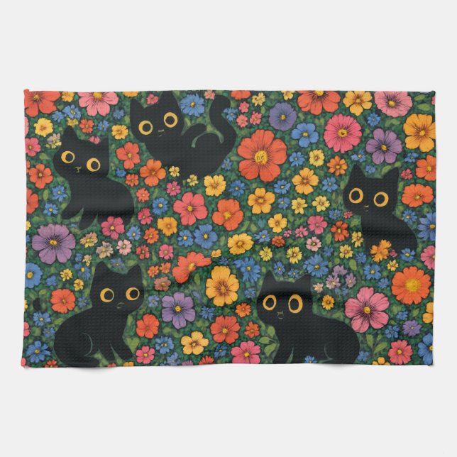 Kawaii Garden Art | Cute Black Cat Floral Pattern Tea Towel (Horizontal)
