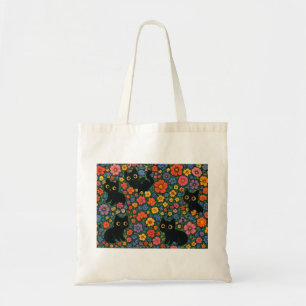 Kawaii Garden Art Cute Black Cat Floral Pattern Tote Bag