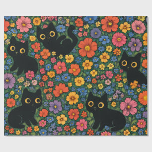Kawaii Garden Art – Cute Black Cat Floral Pattern Wrapping Paper
