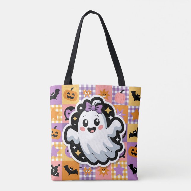 Kawaii Ghost Blanket –Cute Patchwork Cartoon Ghost Tote Bag (Back)