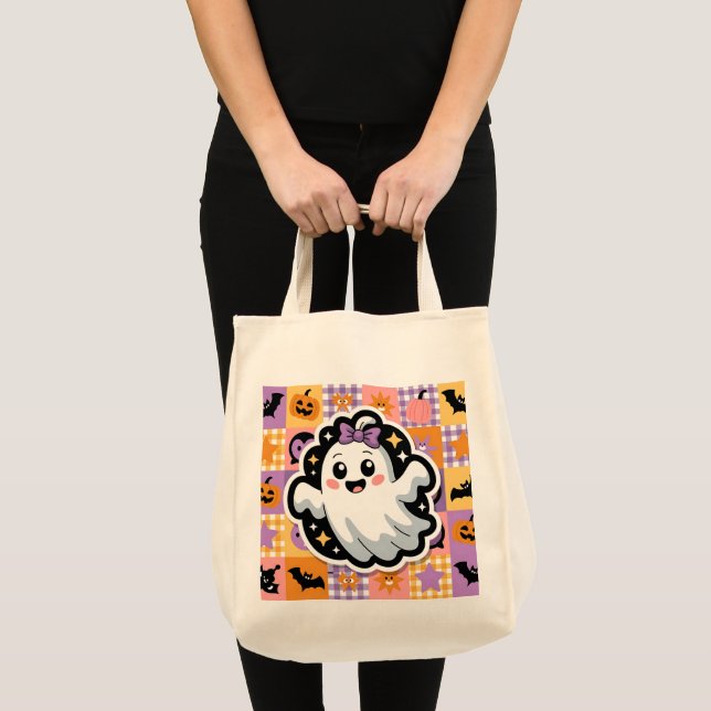 Kawaii Ghost Blanket –Cute Patchwork Cartoon Ghost Tote Bag (Front (Product))