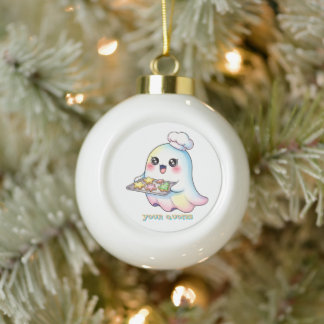 Kawaii Ghost Chef With Christmas Cookies Ceramic Ball Christmas Ornament