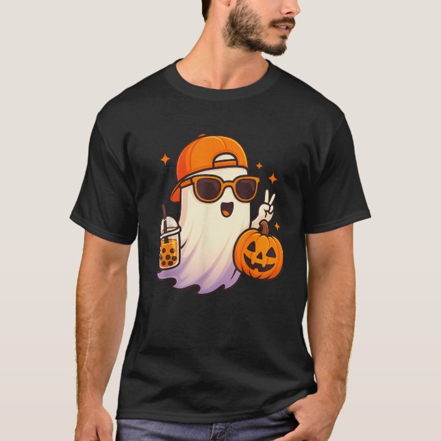 Kawaii Ghost Drinking Pumpkin Boba Tea Cute Ghost  T-Shirt (Front)