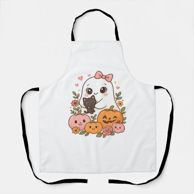Kawaii Ghost Halloween Black Cat Pumpkin Fall Spoo Apron (Front)