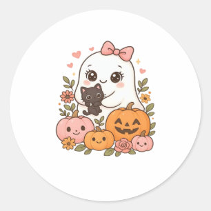 Kawaii Ghost Halloween Black Cat Pumpkin Fall Spoo Classic Round Sticker