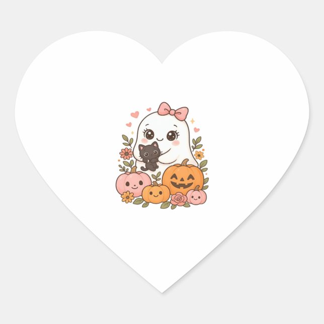 Kawaii Ghost Halloween Black Cat Pumpkin Fall Spoo Heart Sticker (Front)