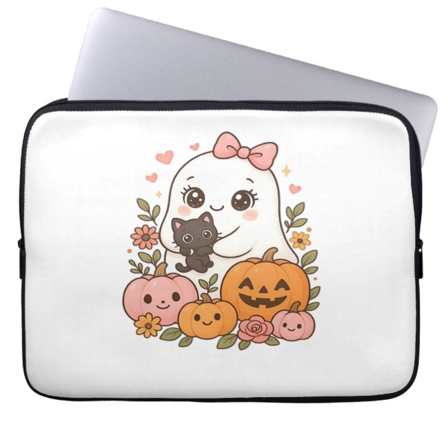 Kawaii Ghost Halloween Black Cat Pumpkin Fall Spoo Laptop Sleeve (Front)