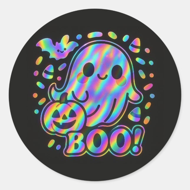 Kawaii Ghost Halloween Sticker with Pumpkin & Bat (Front)