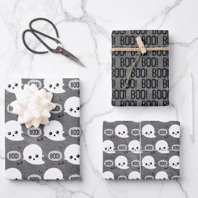 Kawaii Ghost Halloween Wrapping Paper Sheet (Front)