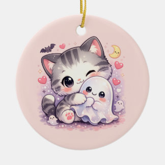 Kawaii Ghost Hug Kitty Ceramic Ornament