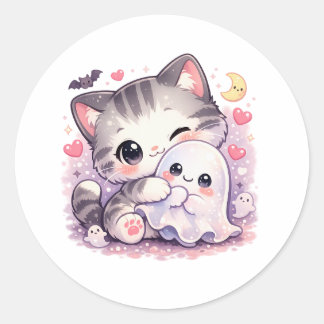 Kawaii Ghost Hug Kitty Classic Round Sticker