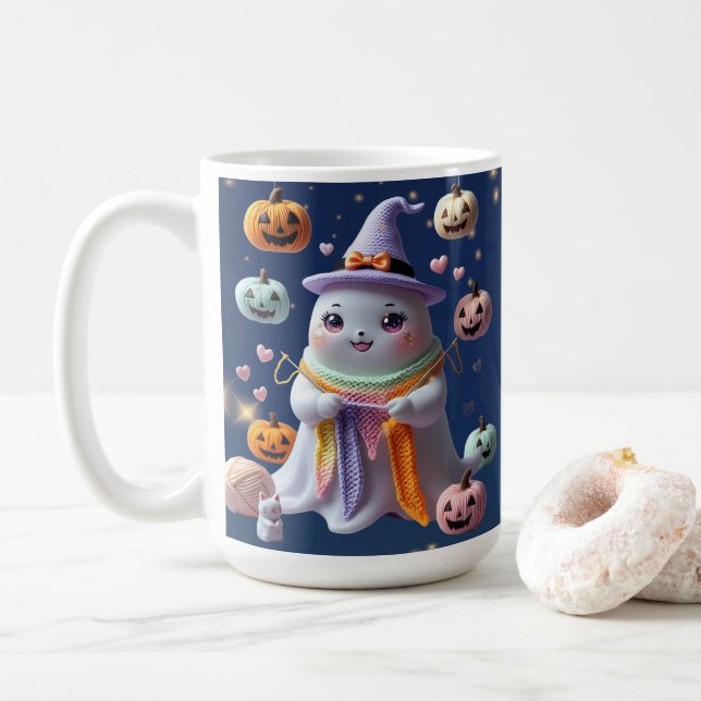 Kawaii Ghost Knitting Mug – Cute Halloween Gift fo (With Donut)