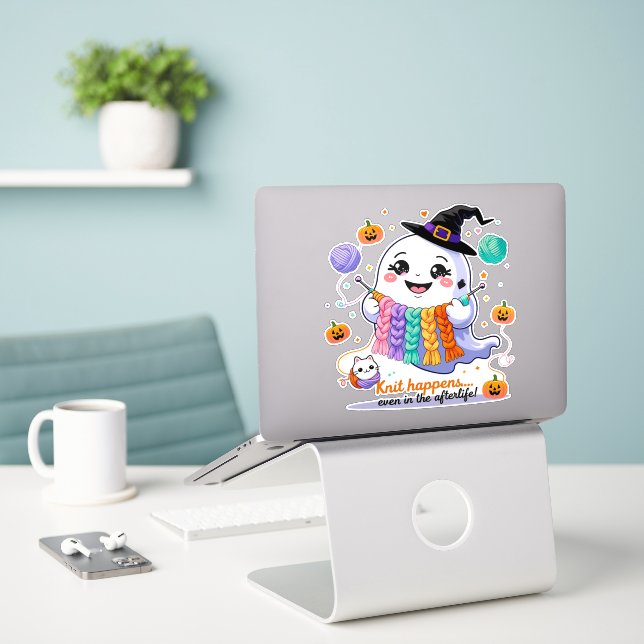 Kawaii Ghost Knitting Sticker – Cute Halloween Gif (Laptop On Desk)