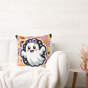 Kawaii Ghost Patchwork Sticker Throw Pillow