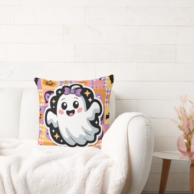Kawaii Ghost Patchwork Sticker Throw Pillow (Couch)