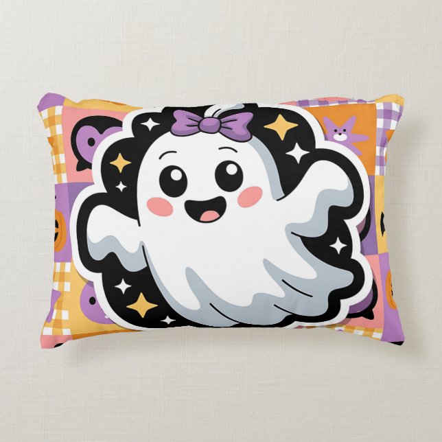 Kawaii Ghost Patchwork Sticker Throw Pillow (Front)