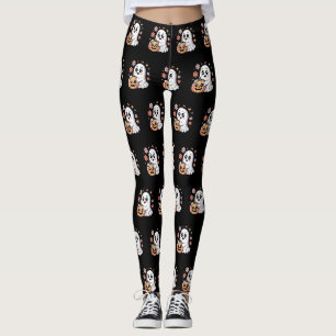 Kawaii Ghost & Pumpkin Floral Halloween Pattern Leggings