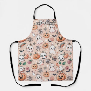 Kawaii Ghost Pumpkin Halloween Orange Pattern Apron