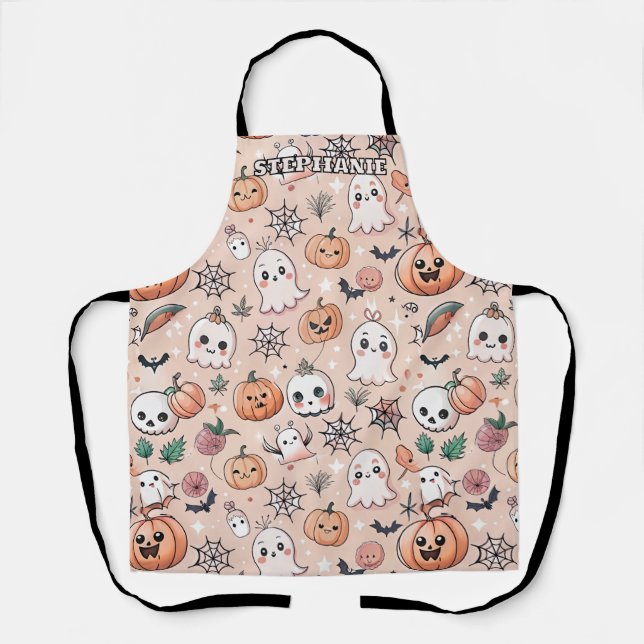 Kawaii Ghost Pumpkin Halloween Orange Pattern Apron (Front)