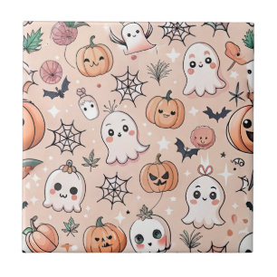 Kawaii Ghost Pumpkin Halloween Orange Pattern Ceramic Tile