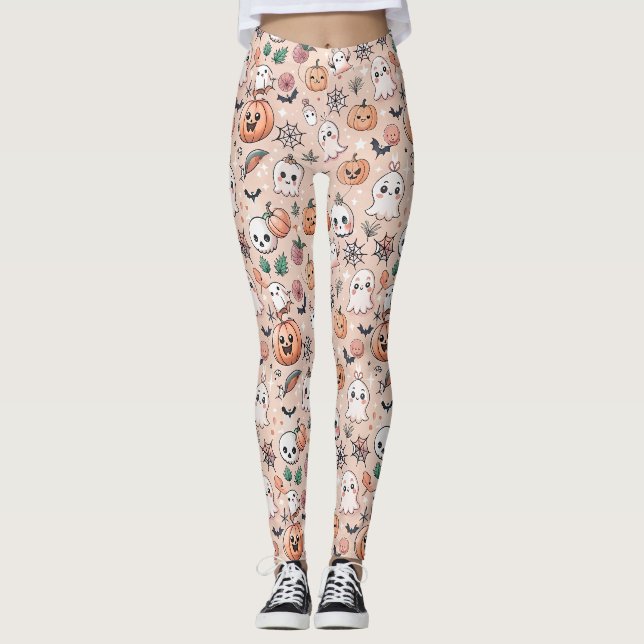 Kawaii Ghost Pumpkin Halloween Orange Pattern Leggings (Front)