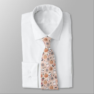 Kawaii Ghost Pumpkin Halloween Orange Pattern Tie