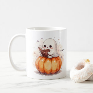 Kawaii Ghost Reading on Pumpkin – Cute Halloween  Coffee Mug
