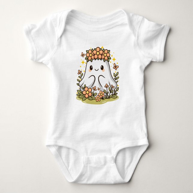 Kawaii Ghost Surrounded by Flowers Baby Bodysuit (Front)