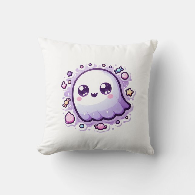 Kawaii Ghost Throw Pillow Cute Pastel Halloween (Front)