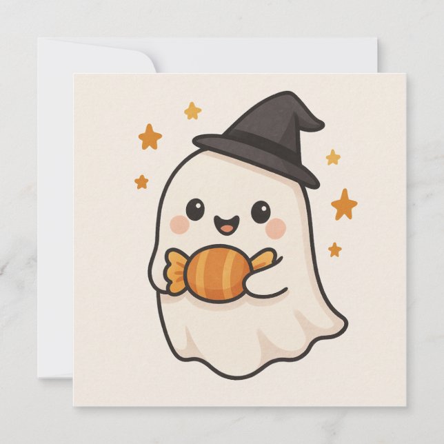 Kawaii Ghost with Halloween Candy Invitation (Front)
