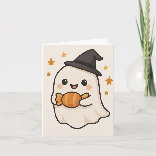 Kawaii Ghost with Halloween Candy Invitation (Front)