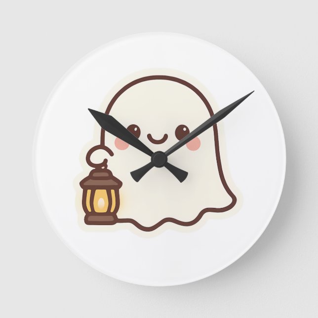 Kawaii Ghost with Lantern – Cute Spirit Design Round Clock (Front)