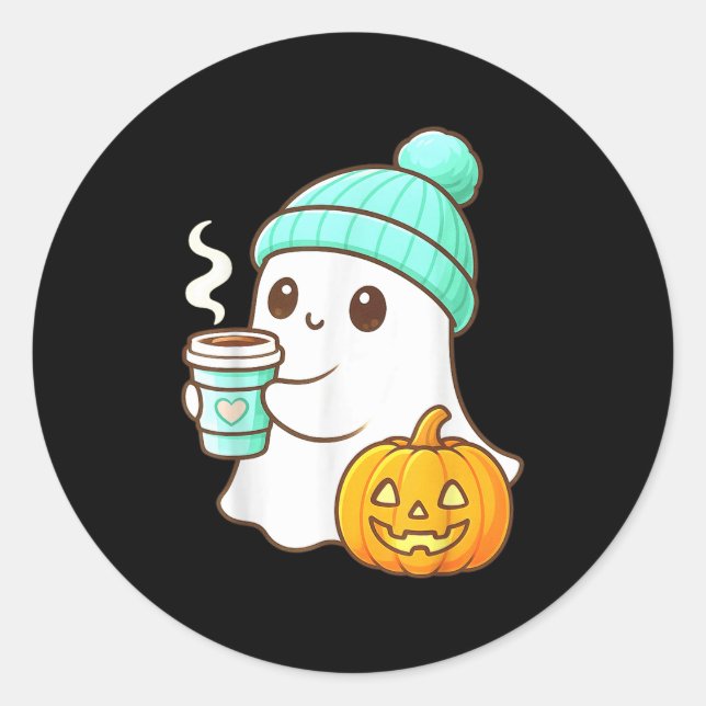 Kawaii Ghost With Pumpkin Coffee Cosy Halloween Au Classic Round Sticker (Front)