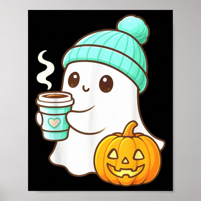 Kawaii Ghost With Pumpkin Coffee Cosy Halloween Au Poster (Front)