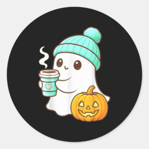 Kawaii Ghost With Pumpkin Coffee Cozy Halloween Au Classic Round Sticker