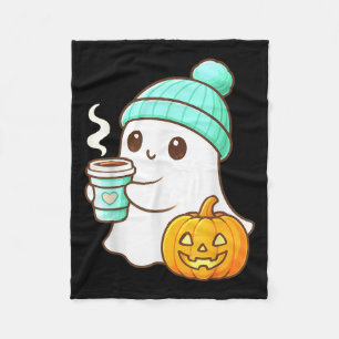 Kawaii Ghost With Pumpkin Coffee Cozy Halloween Au Fleece Blanket