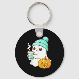 Kawaii Ghost With Pumpkin Coffee Cozy Halloween Au Key Ring
