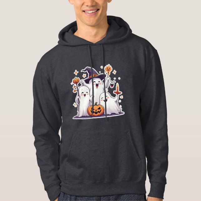 Kawaii Ghosts Halloween Hoodie- Grey Sweatshirt (Front)