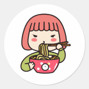 Kawaii Girl eating Ramen with Chopsticks Classic Round Sticker