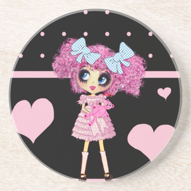 Kawaii Girl PinkyP black pink hearts Coaster (Front)