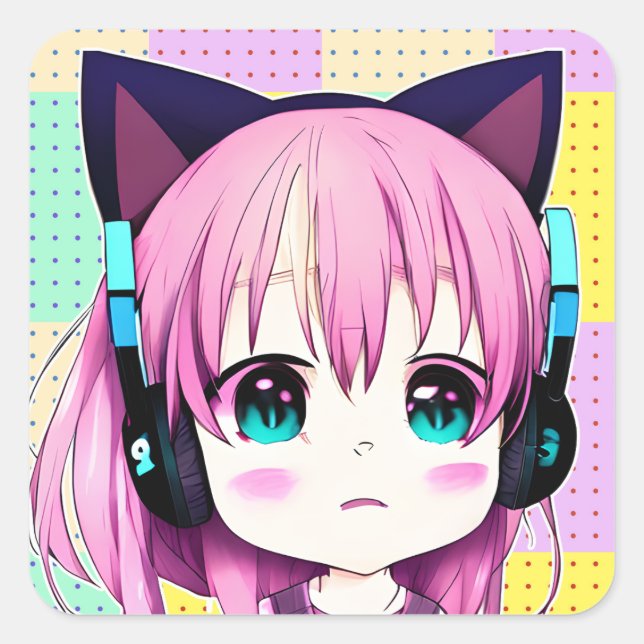Kawaii Girl with Headphones on Square Sticker (Front)
