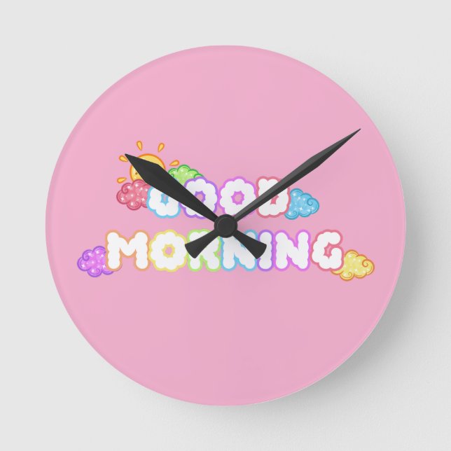 Kawaii Good Morning Sun & Rainbow Clouds Round Clock (Front)