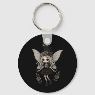 Kawaii Goth Skeleton Fairy with Black Cat Key Ring