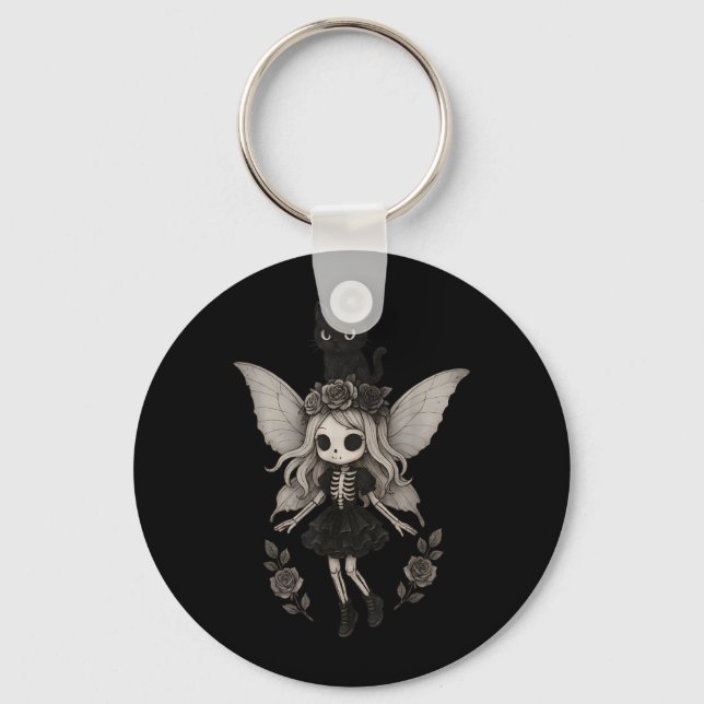 Kawaii Goth Skeleton Fairy with Black Cat Key Ring (Front)