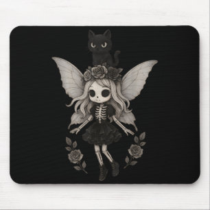 Kawaii Goth Skeleton Fairy with Black Cat Mouse Pad