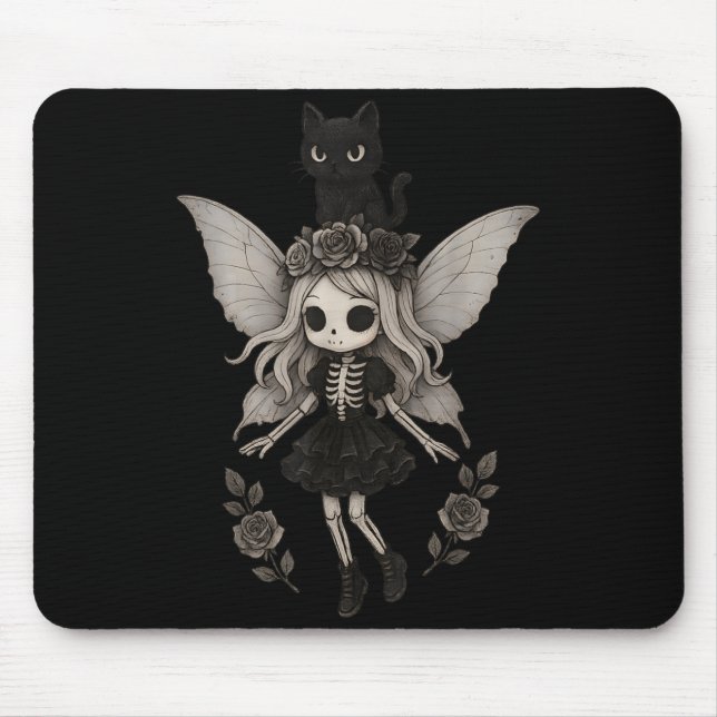 Kawaii Goth Skeleton Fairy with Black Cat Mouse Pad (Front)