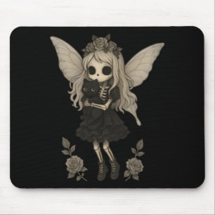 Kawaii Goth Skeleton Fairy With Black Cat Mouse Pad
