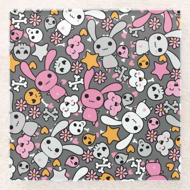 kawaii grey pattern glass coaster (Front)